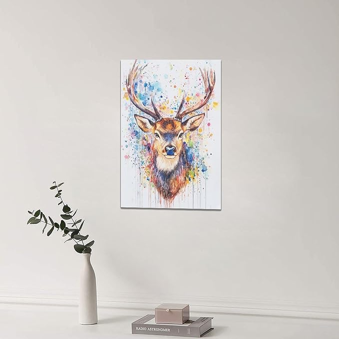 Fleruku Watercolor Deer Wall Art Colorful Elk Wall Decor Antlers Pictures Animal Canvas Painting Artwork Home Decorations for Living Room Bedroom Bathroom Office Nursery Classroom 16"x24"