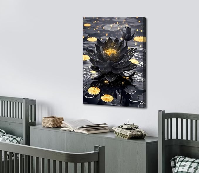Lotus Floral Wall Art for Zen Office Decor Wall Art,Framed Black and Gold Lotus Flower Painting Artwork,Modern Meditation Poster Yoga SPA Room Bathroom Home Decor(12"x16")