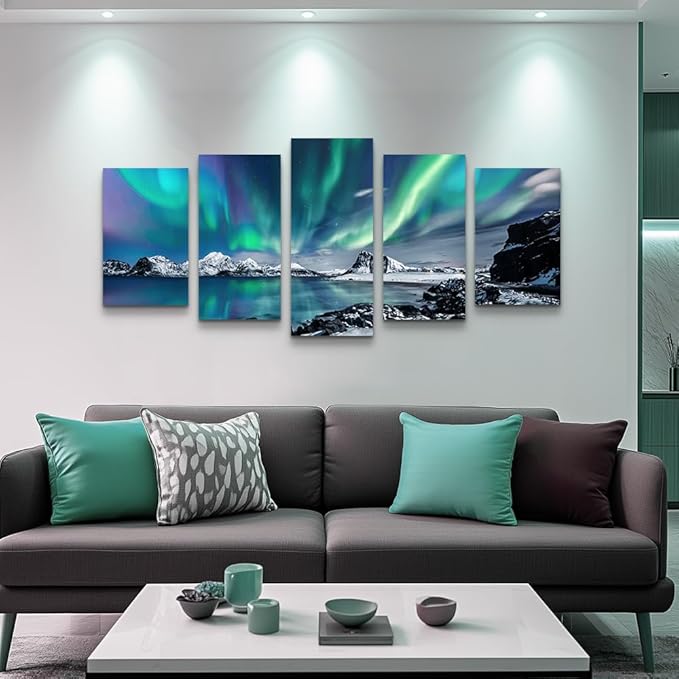 Large Wall Decor For Living Room Canvas Wall Art For Bedroom Blue Aurora Scenery Paintings Modern Canvas Art Prints Ready To Hang Office Pictures For Home Wall Decorations Artwork 5 Piece Set