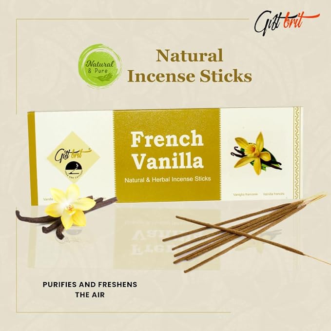 Giftbrit French Vanilla Fragrance Natural & Herbal Incense Sticks 100 Sticks with Incense Holder for Meditation, Yoga, Church, Relaxation, Healing and Positivity