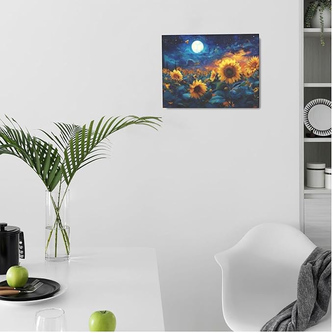 Sunflower Canvas Wall Art Starry Night Pictures Painting Yellow Floral Wall Decor Prints Framed Artwork Decoration for Living Room Bedroom Bathroom Dining Room Office 12"x16"