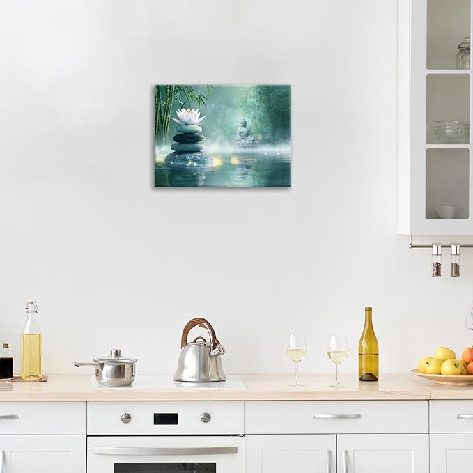 Olivine Zen Decor Wall Art, Lotus Pictures Wall Decor, Stones Flower Bloom Canvas Prints Painting, Framed Artwork for Meditation Bathroom Bedroom Living Room Office Home Decoration 16"x12"