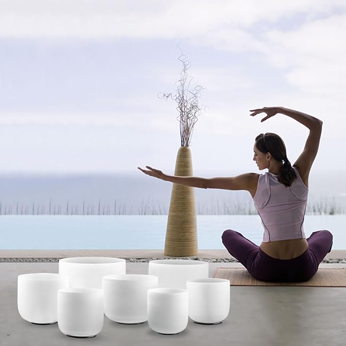 KRESEC 440Hz 6-12 Inch Crystal Singing Bowls Set of 7 – Chakra Tuned Quartz Sound Bowls for Meditation, Yoga, Reiki & Healing with Padded Cases, Suede Mallets & Silicone O-Rings