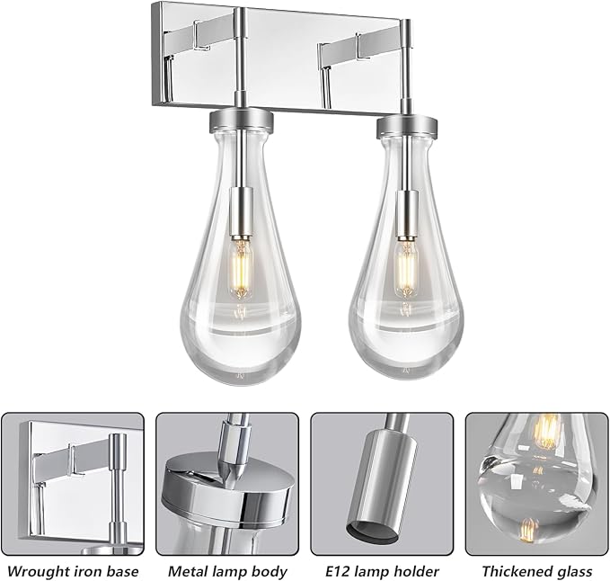 Raindrop Wall Sconces Chrome Crystal Sconces Wall Decor Modern Brass Lighting Glass Bathroom Sconces Indoor Vanity Light Wall Lamp for Bedroom Living Room Stair(2-Light)