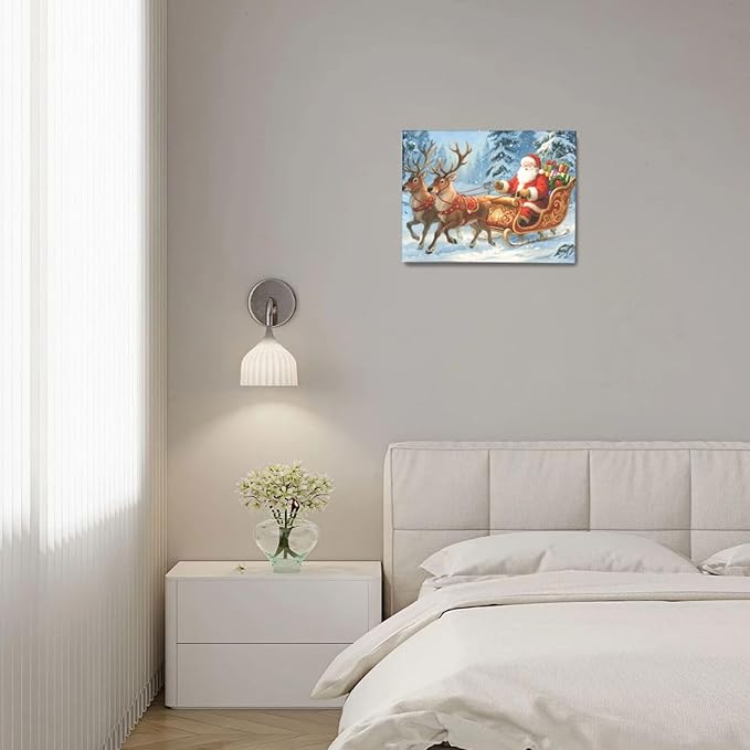 Santa Claus Christmas Wall Art Winter Santa Claus Reindeer Canvas Wall Decor Winter Christmas Pictures Painting Artwork Decoration Framed Gifts for Women Girl Bedroom Living Room Dining Office 12"x16"