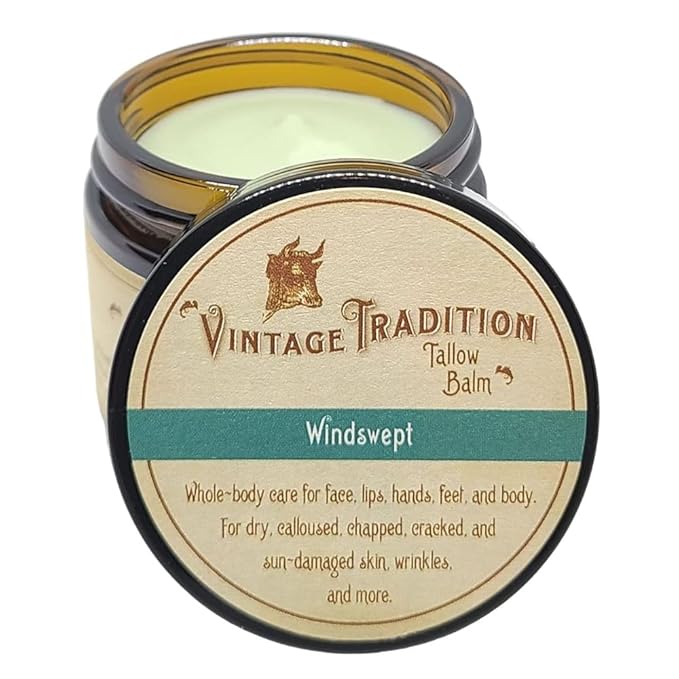 Vintage Tradition Beef Tallow All Purpose Balm - Healing, Hydrating Weather-Protecting Skin Care Salve Replaces Body Lotion, Hand Cream, More - Essential Oil, Olive Oil, and Grass-Fed Tallow, 2 fl oz.