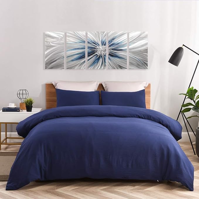 RICHSPACE ARTS Modern Large Metal Wall Art Flower Blue and Silver Sculpture Decor with 3d Texture Set of 5 Pieces