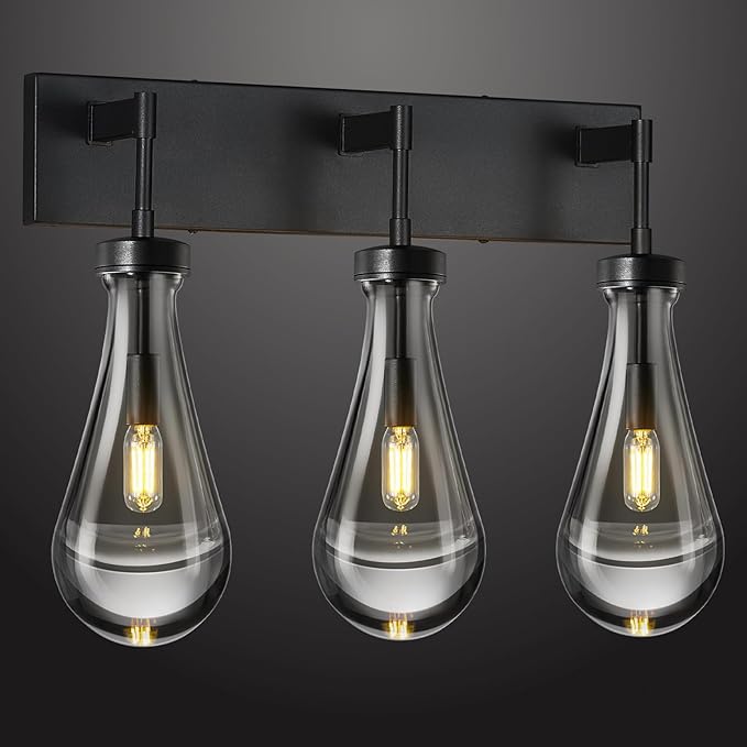 Raindrop Wall Sconces Black Crystal Sconces Wall Decor Modern Brass Lighting Glass Bathroom Sconces Indoor Vanity Light Wall Lamp for Bedroom Living Room Stair(3-Light)