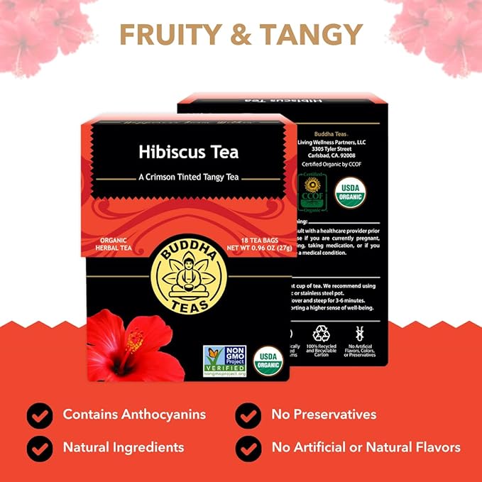 Buddha Teas - Hibiscus - Organic Herbal Tea - For Health & Wellbeing - With Antioxidants, Vitamin C & Bioflavonoids - Caffeine Free - 100% Kosher & Non-GMO - 18 Tea Bags (Pack of 1)