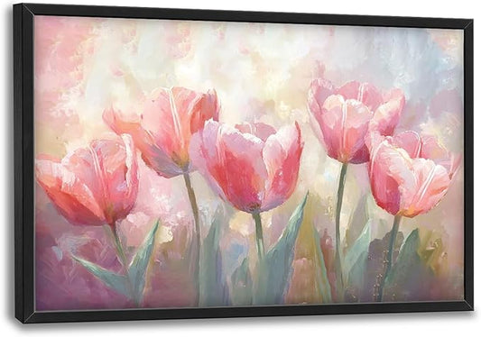 Kylora Tulip Wall Art Pink Tulips Pictures Wall Decor Pink Flowers Prints Modern Artwork Painting Home Office Decorations For Kitchen Bathroom Bedroom Dining Living Room 36"x24"