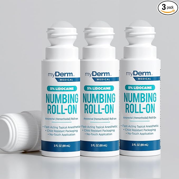 Myderm Medical 5% Lidocaine Numbing Roll On - Pack of 3 - for Minor Aches, Scratches and Hemorrhoidal Discomfort - Made in The USA (3 Pack)