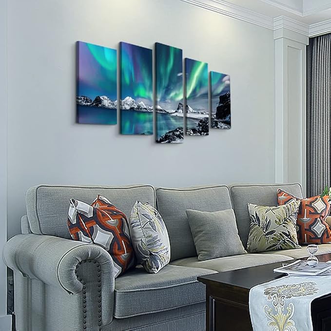 Large Canvas Wall Art Set - Blue Aurora Scenery Paintings for Living Room, Bedroom & Office - Modern Canvas Art Prints Ready to Hang - 5 Piece Set