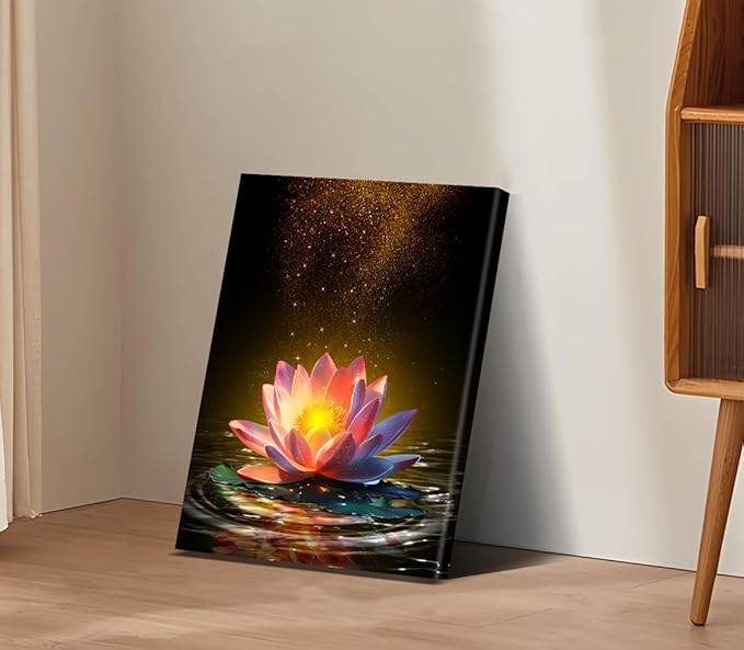 Lotus Floral Wall Art Prints,Framed Lotus Floral Canvas Prints Art for Zen Office Decor Wall Art Meditation Poster for Bathroom Home Decor(12"x16")