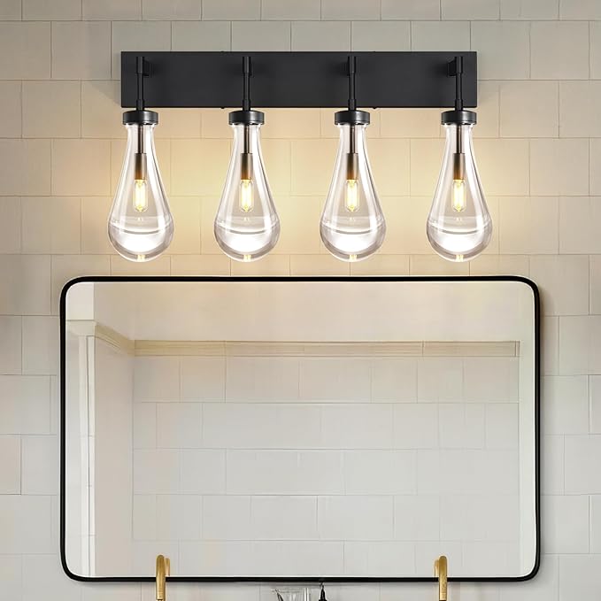 Raindrop Wall Sconces Black Crystal Sconces Wall Decor Modern Brass Lighting Glass Bathroom Sconces Indoor Vanity Light Wall Lamp for Bedroom Living Room Stair(4-Light)