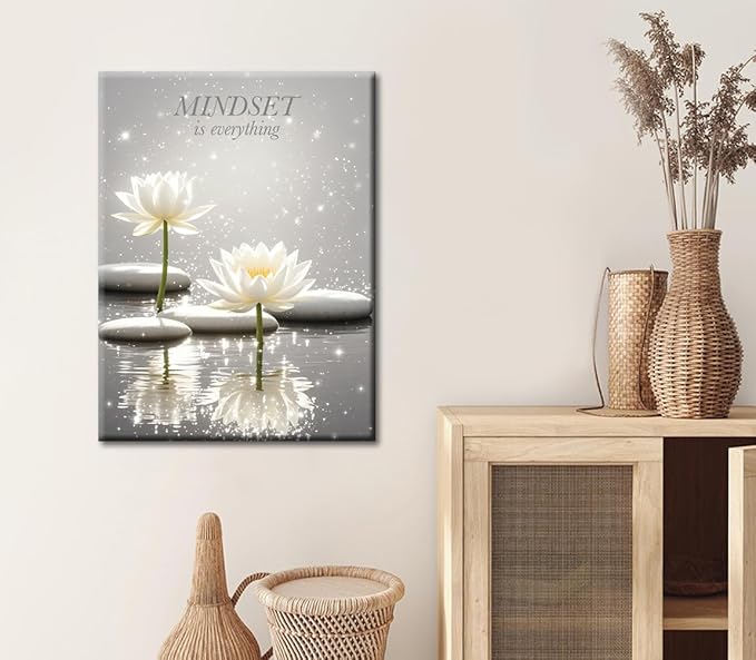 Canvas Prints Art Lotus Floral Mindset Motivational Quotes Poster for Zen Office Wall Decor,White Lotus Flower Meditation Poster Modern Artwork Painting Framed Ready to Hang(12"x16")