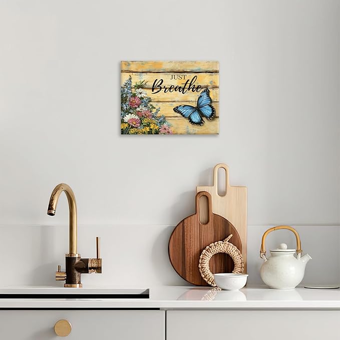 Olivine Butterfly Wall Art, Butterflies Flower Pictures Wall Decor, Just Breathe Painting, Vintage Farmhouse Canvas Prints, Framed Artwork for Living Room Bedroom Bathroom Kitchen Office Home 16"x12"