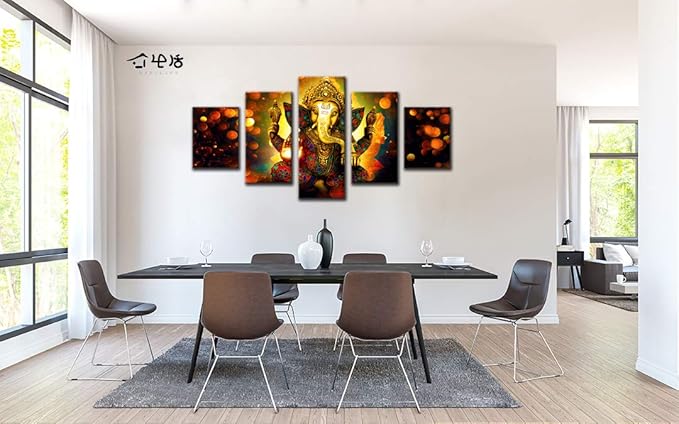 Large 5 Panel Hindu God Ganesha Wall Art - Traditional Indian Canvas Prints for Home Decor (60x32 Inch, Framed)