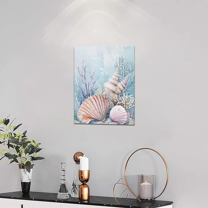 Fleruku Beach Coral Shells Wall Art Nautical Sea Wall Decor Ocean Pictures Canvas Painting Artwork Home Decorations for Living Room Bedroom Bathroom Office Nursery 12"x16"