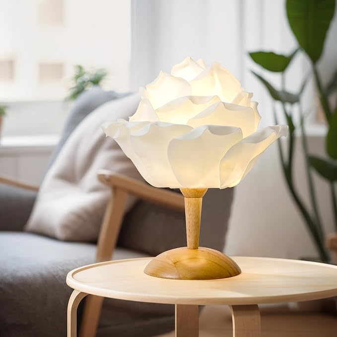 White Flower Table Lamp Creative Lotus Desk Lamp for Bedroom Modern Fabric Nightstand Light Bedside Lamp for Wedding Decor Living Room Study Rooms Restaurants Hotel
