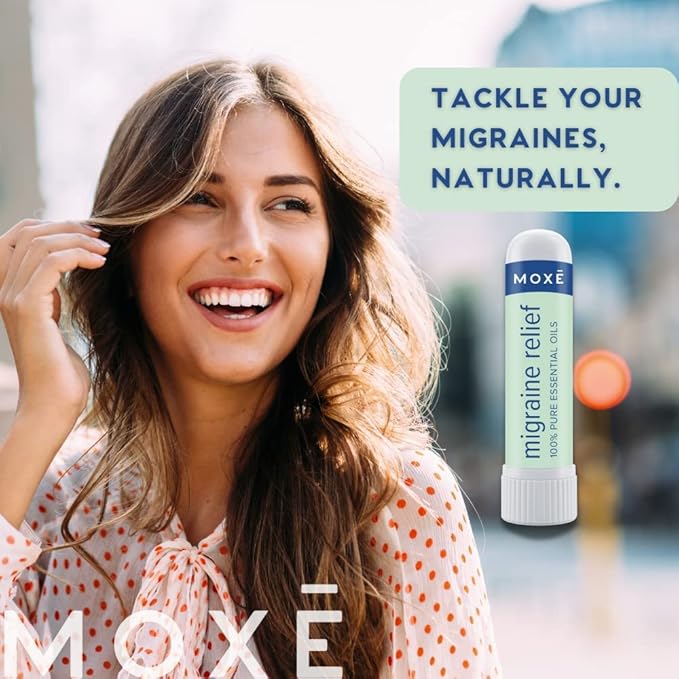 MOXE Migraine Relief Nasal Inhalers, Essential Oils for Headaches & Tension Relief, Portable Aromatherapy, Easy-to-Use, Pure & Undiluted, Peppermint, Spearmint, Eucalyptus, Tea Tree, USA Made, 3 Pack