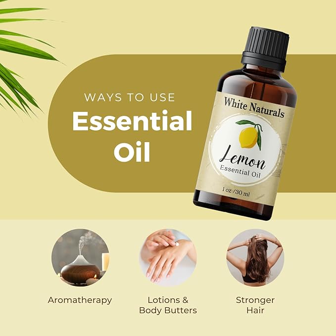 Organic Lemon Essential Oil by White Naturals, 100% Natural and Pure, Therapeutic Grade for Aromatherapy, Massage, Household Cleaning, Hair Care, Skincare, DIY Soap Making & Diffuser, Vegan 1 Ounce