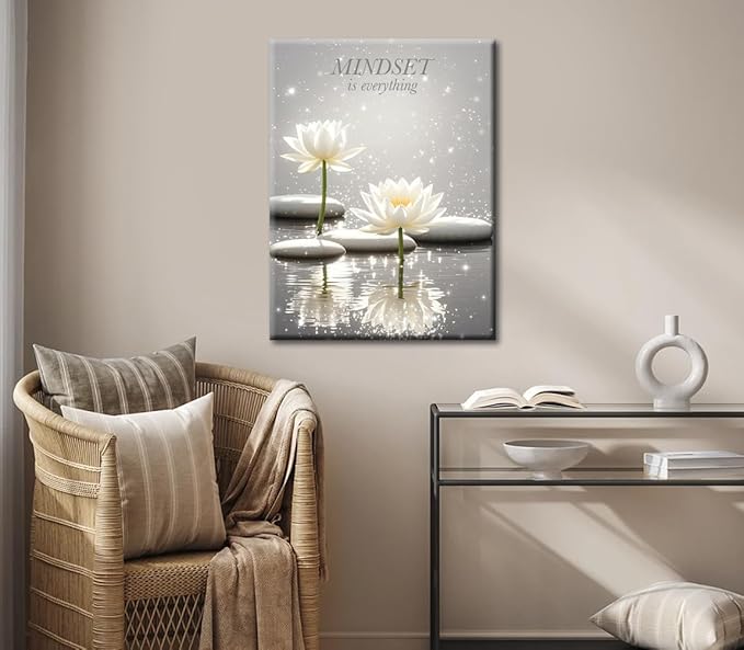 Canvas Prints Art Lotus Floral Mindset Motivational Quotes Poster for Zen Office Wall Decor,White Lotus Flower Meditation Poster Modern Artwork Painting Framed Ready to Hang(12"x16")