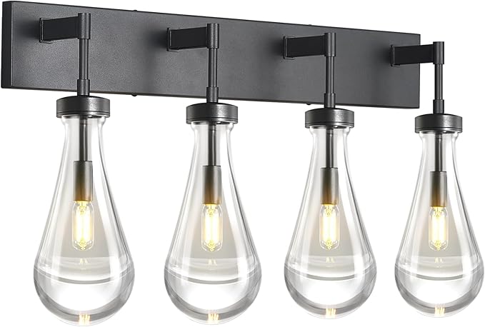 Raindrop Wall Sconces Black Crystal Sconces Wall Decor Modern Brass Lighting Glass Bathroom Sconces Indoor Vanity Light Wall Lamp for Bedroom Living Room Stair(4-Light)