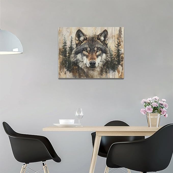 Vintage Wolf Wall Art Farmhouse Wildlife Wall Decor Country Animal Pictures Canvas Painting Artwork Home Decorations for Living Room Bedroom Bathroom Office 16"x12"