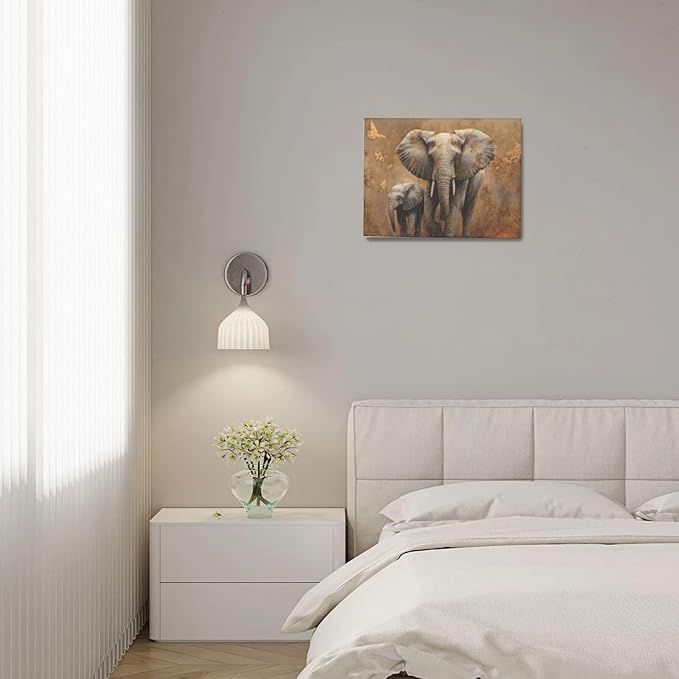 Elephant Wall Art African Animal Pictures Elephant Family Canvas Painting Decoration Artwork Framed Wall Decor Gifts for Women Girl Living Room Kids Bedroom 12"x16"