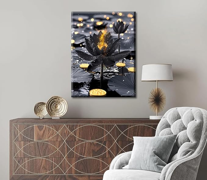 Framed Black and Gold Lotus Floral Wall Art Prints,Black Lotus Art Blooming in Water for Zen Office Decor Wall Art,Modern Meditation Poster Yoga SPA Room Bathroom Home Decor(12"x16")