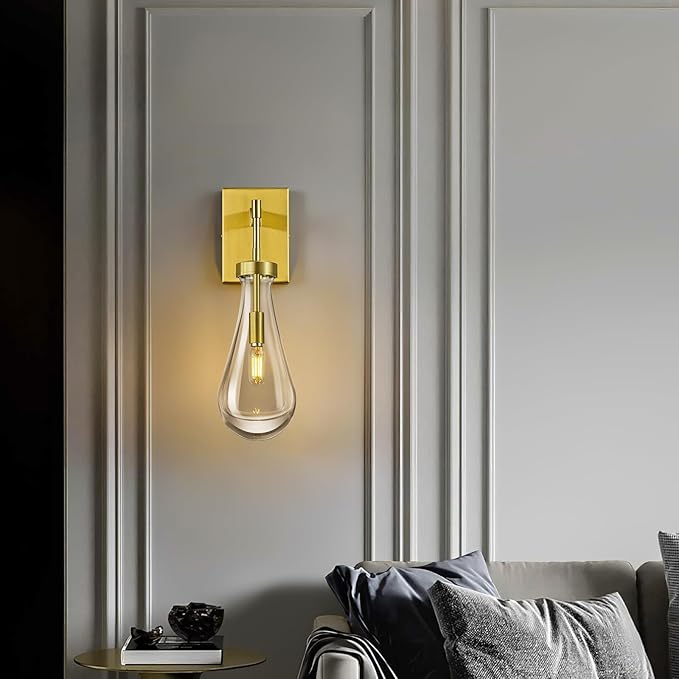 Raindrop Wall Sconces Gold Sconces Wall Decor Modern Brass Wall Lighting Glass Bathroom Sconces Indoor Vanity Light Wall Lamp for Bedroom Living Room Stair (1 Pack)