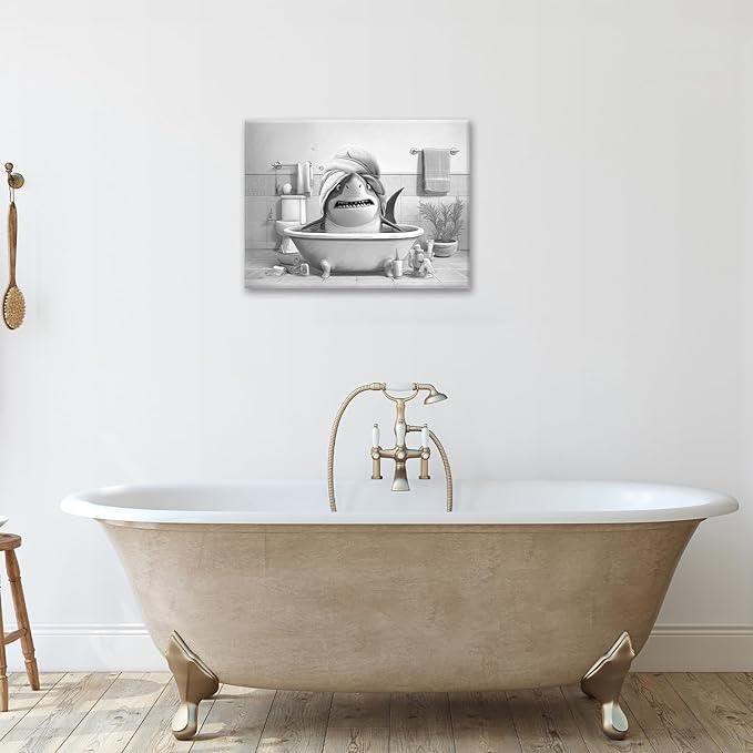 Funny Shark Bathroom Decor Wall Art Black and White Bathroom Pictures Painting Canvas Framed Toilet Humor Artwork Restroom Home Decoration Gifts for Women Girl 16"x20"
