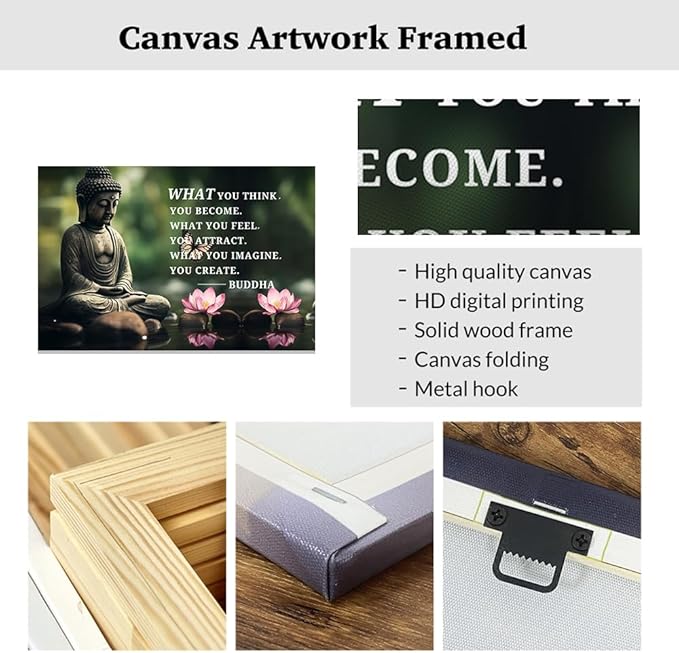 ZXHYWYM Buddhist Motivational Quotes Wall Art Canvas Prints Buddha Lotus Painting Zen Bathroom Pictures for Office Home Spa Yoga Room Wall Decor Framed (24" x 36")