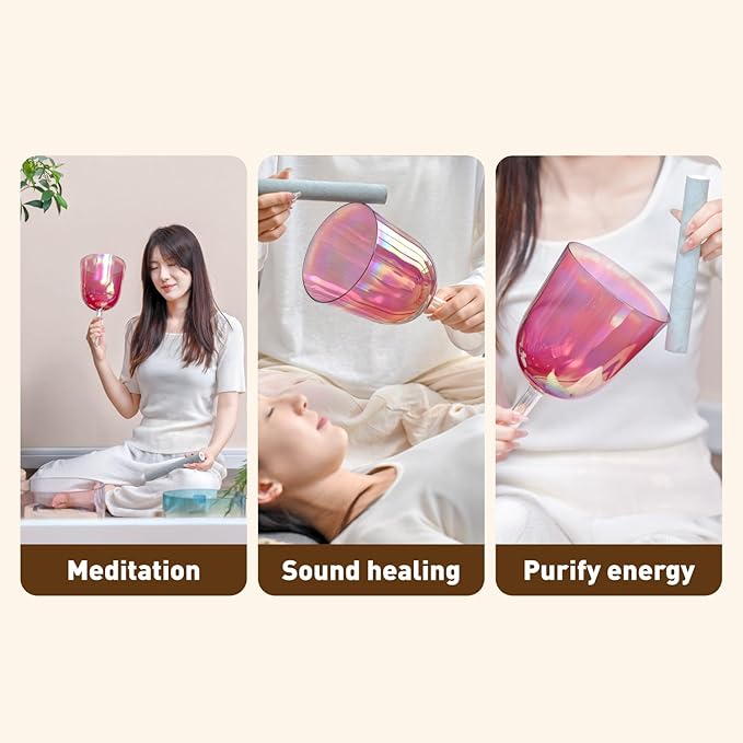 432HZ 6 Inch F Note Purple Color Quartz Handle Singing Bowl with Carry Case Bag for Sound Healing and Meditation