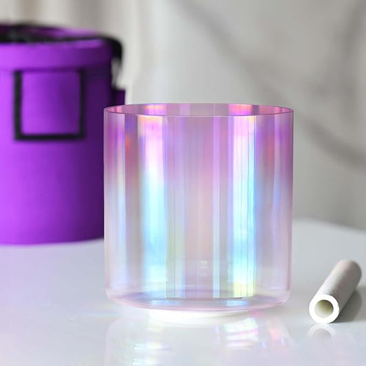 440HZ 7 Inch F Note Heart Chakra Pink Purple Color Clear Quartz Crystal Singing Bowl with Carry Case Bag for Sound Healing and Meditation
