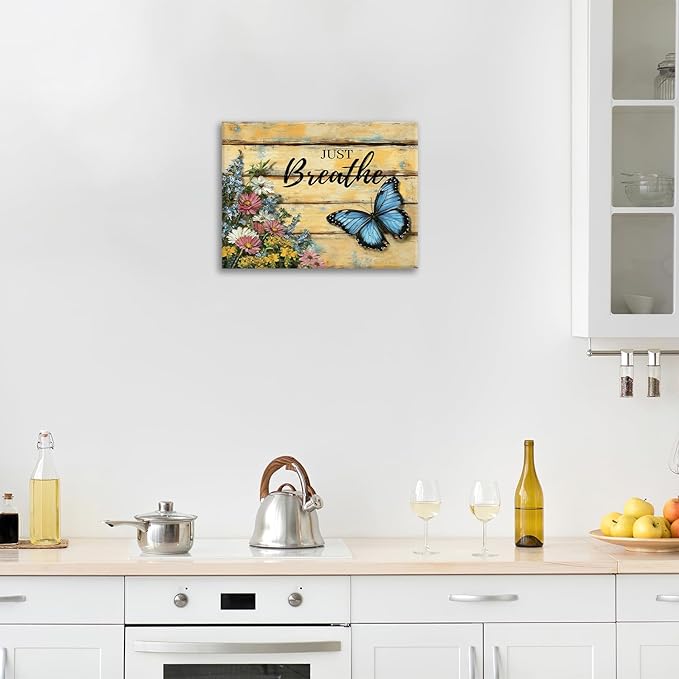 Olivine Butterfly Wall Art, Butterflies Flower Pictures Wall Decor, Just Breathe Painting, Vintage Farmhouse Canvas Prints, Framed Artwork for Living Room Bedroom Bathroom Kitchen Office Home 16"x12"