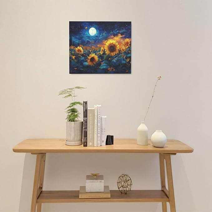 Sunflower Canvas Wall Art Starry Night Pictures Painting Yellow Floral Wall Decor Prints Framed Artwork Decoration for Living Room Bedroom Bathroom Dining Room Office 20"x24"
