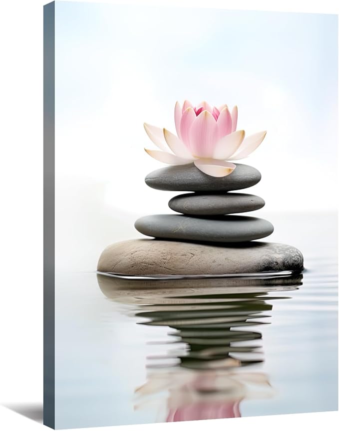 KPLUNDO Lotus Wall Art Zen Canvas Print Wall Decor Spa Stones on Wahter Picture Meditation Painting Relax Artwork for Bathroom Living Room Modern Home Decor Frame(Art-1,24.00x36.00 inch)