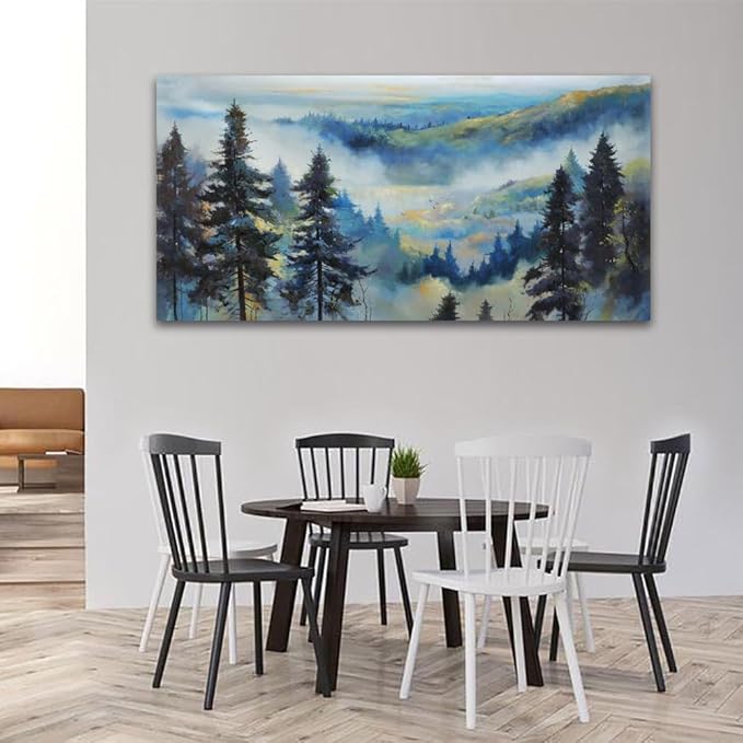 Anolyfi Large Misty Mountain Canvas Wall Art Living Room Foggy Forest Landscape Painting, Nature Pine Tree Scenery Blue Textured Artwork Framed for Bedroom Bathroom Kitchen Office Home Decor 48"x24"