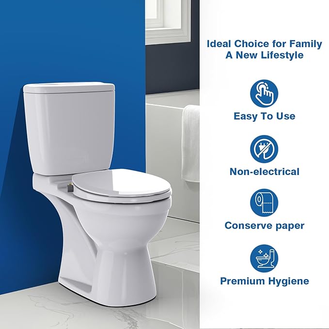 Non-Electric Elongated Bidet Toilet Seat with Dual Nozzle - Front & Rear Wash, Quiet-Close Lid, Adjustable Pressure, Easy Installation, Hygienic Fresh Water Bidet (Round)