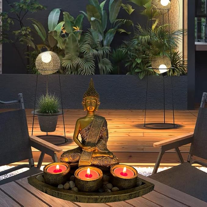 ARTCOS Meditating Buddha with 3 Tealight Candle Holder Base Sitting Zen Buddha Statue for Spiritual Room Décor Buda Sculpture Home Decoration for Peace and Harmony (Antique Gold)