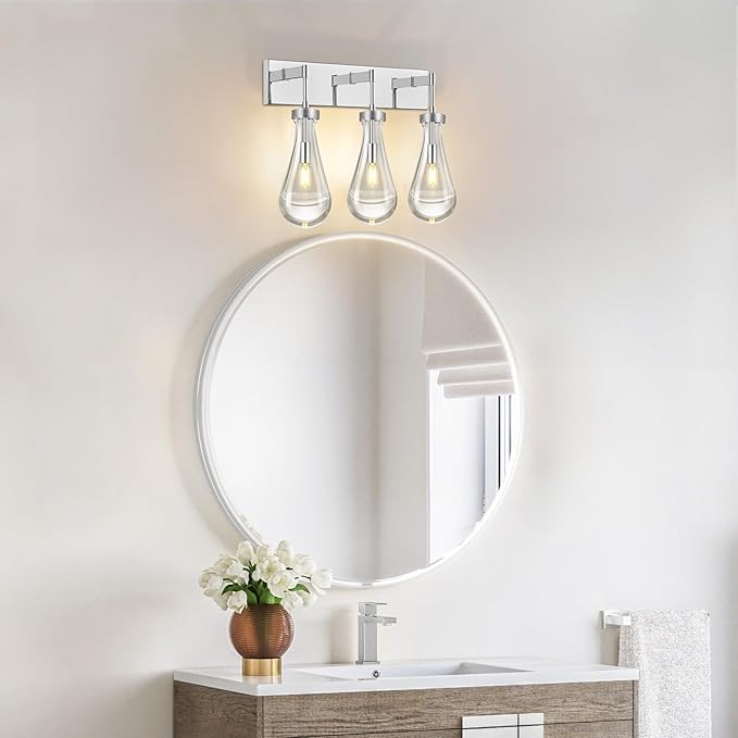Raindrop Wall Sconces Chrome Crystal Sconces Wall Decor Modern Brass Lighting Glass Bathroom Sconces Indoor Vanity Light Wall Lamp for Bedroom Living Room Stair(3-Light)