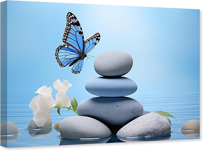 ARTZGX Zen Wall Art for Bathroom Zen Stone Picture Blue Butterfly Painting Still Life Artwork for Yoga Room Decor Frame(Zen - C 16.00" x 24.00")