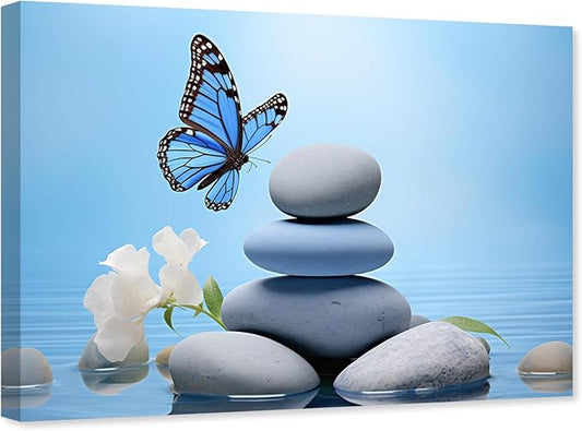 ARTZGX Zen Wall Art for Bathroom Zen Stone Picture Blue Butterfly Painting Still Life Artwork for Yoga Room Decor Frame(Zen - C 16.00" x 24.00")
