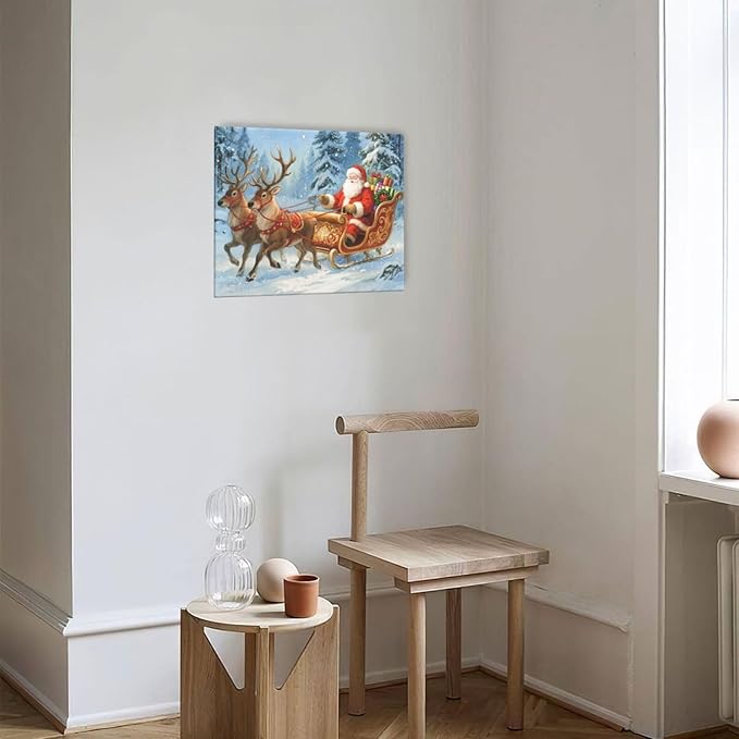 Santa Claus Christmas Wall Art Winter Santa Claus Reindeer Canvas Wall Decor Winter Christmas Pictures Painting Artwork Decoration Framed Gifts for Women Girl Bedroom Living Room Dining Office 20"x24"