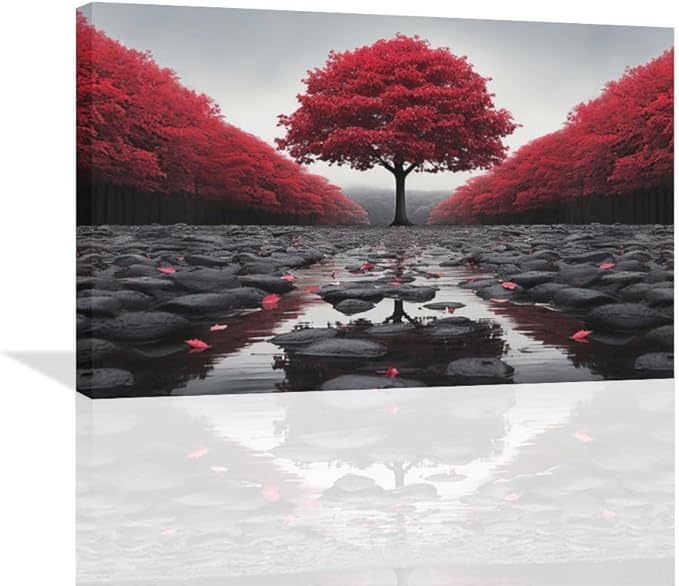 Black And Red Tree Wall Art Zen Stone Canvas Prints Pictures Large Red Tree Forest Landscape Wall Decor Modern Framed Artwork for Living Room Bedroom Office Spa Yoga 24"x16"