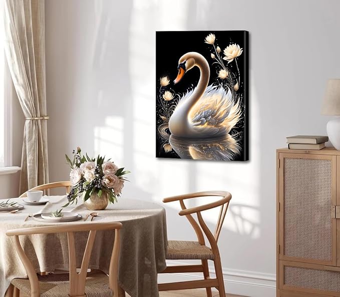 Abstract Gold Patterned Swan Wall Art,Framed Swan Wall Art Prints,White Swan Golden Lotus Flowers Vintage Painting Canvas Wall Art Prints for Bedroom Bathroom Wall Decor(12''x16'')
