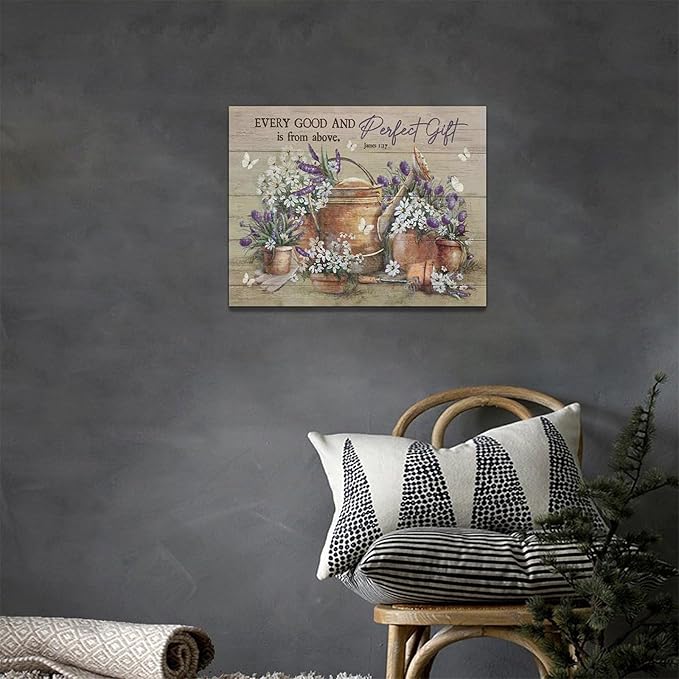Country Bathroom Flower Wall Art Farmhouse Lavender Wall Decor Rustic Scripture Sign Canvas Painting Artwork Home Decorations for Man Teenager Office Bedroom Living Room Bathroom 16"x12"