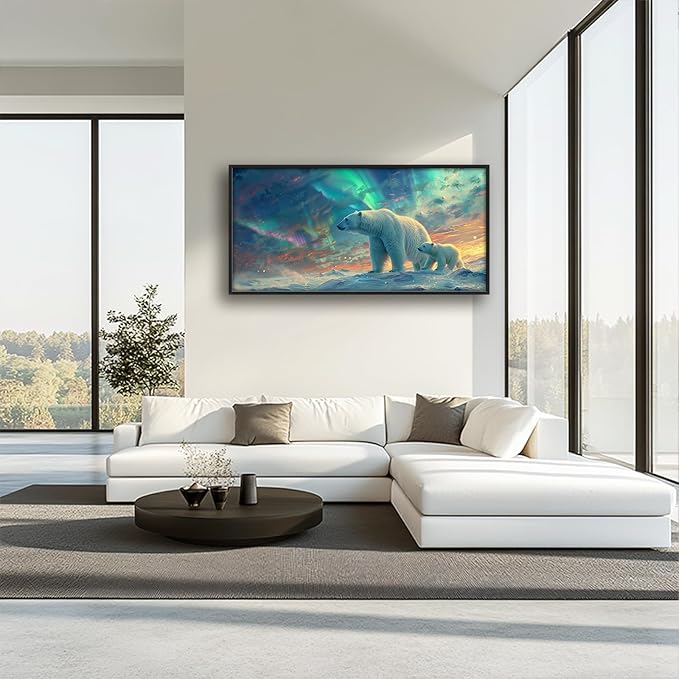 Large Polar Bear Framed Wall Art for Living Room White Polar Bear Pictures Wall Decor Aurora Canvas Print Painting Artwork Modern Home Decorations for Bedroom Office 60x30 inch