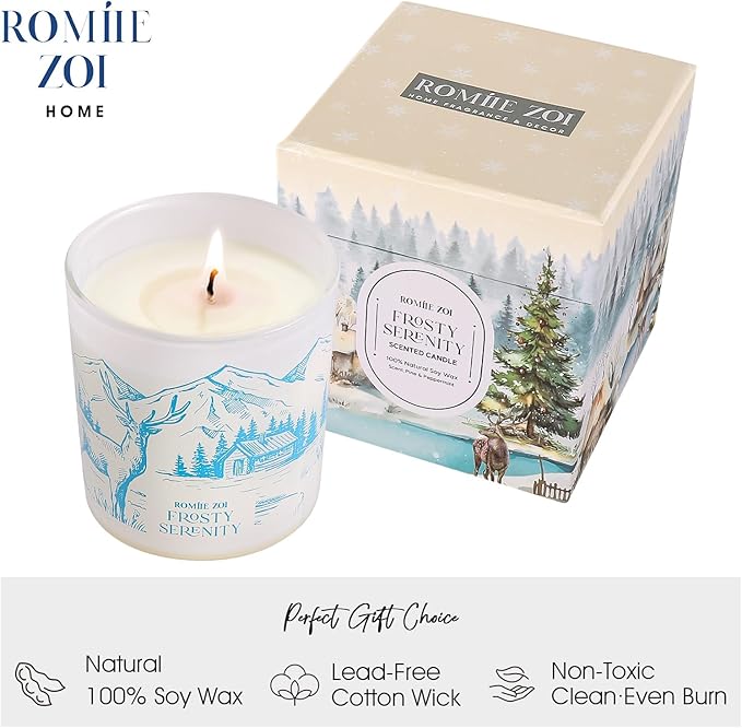 Christmas Scented Jar Candle - 6oz Soy Wax Candle - Frosty Serenity Infused with Frosted Mint & Fir Aroma - with Beautiful Keepsake Box Special for Christmas/Holiday Gifts